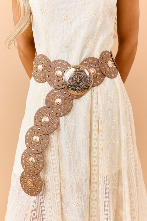 Coffee Faux Leather Grommet Disc Belt