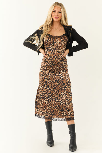 Cognac Leopard Print Sleeveless Midi Slip Dress