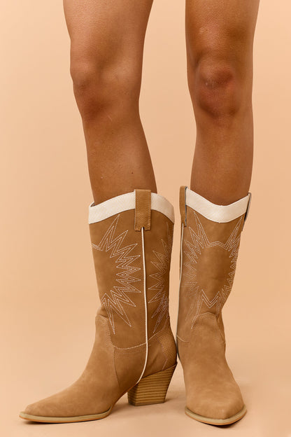 Copper Faux Suede Embroidered Cowboy Boots