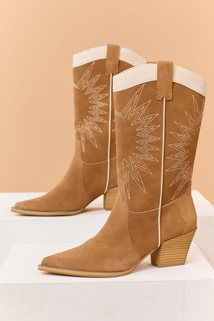 Copper Faux Suede Embroidered Cowboy Boots
