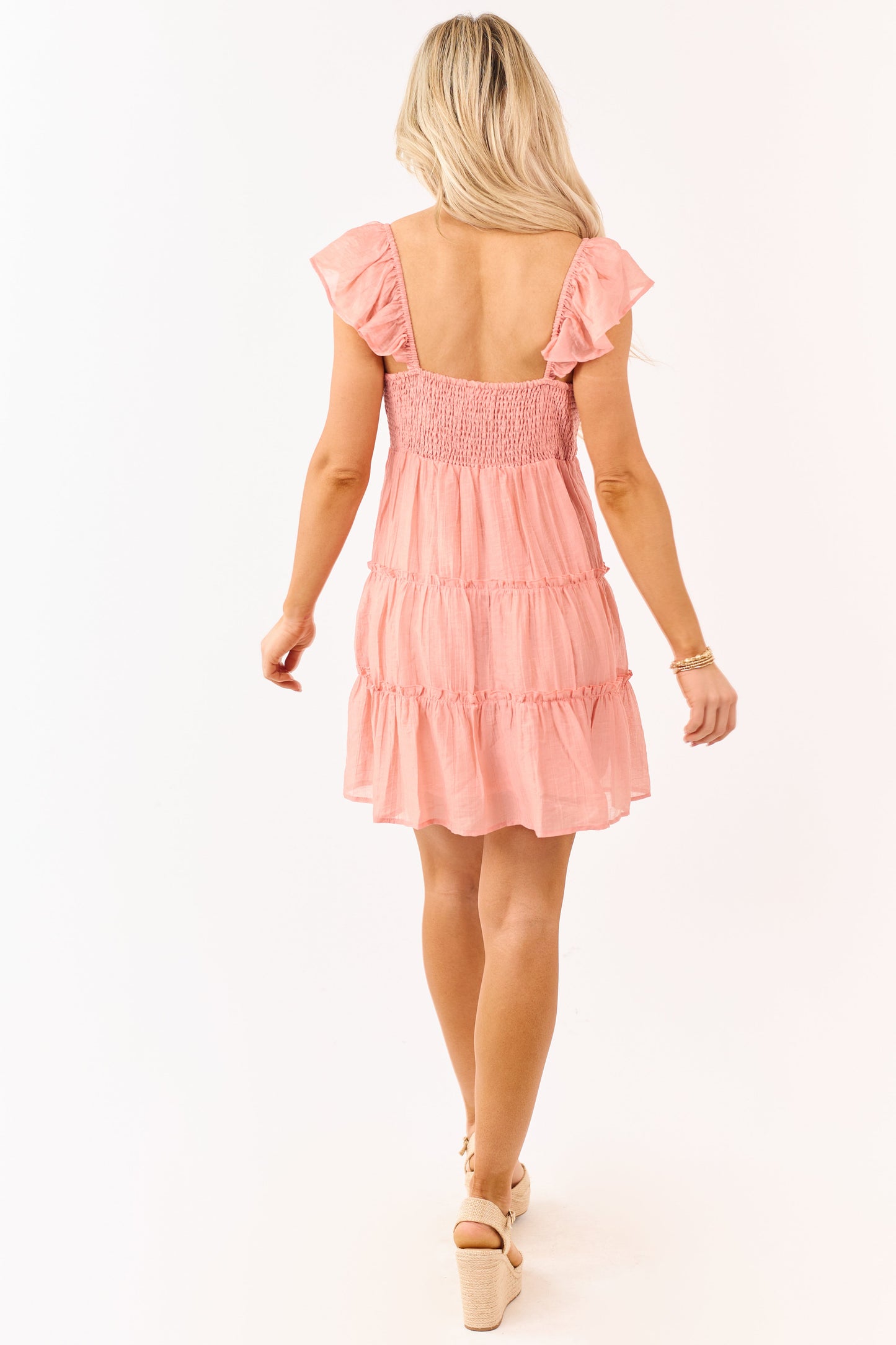 Coral Lace Trim Tiered Ruffle Mini Dress