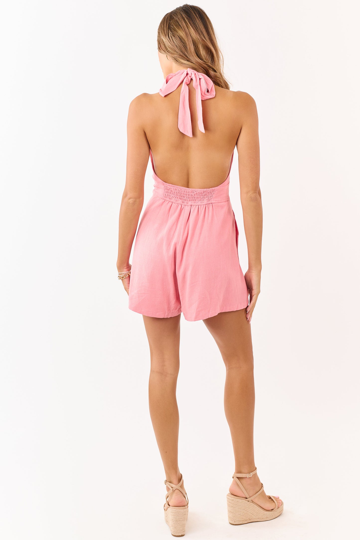 Coral Linen Blend Halter Tie Button Down Romper