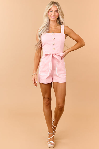 Coral Stretchy Denim Contrast Trim Sleeveless Romper