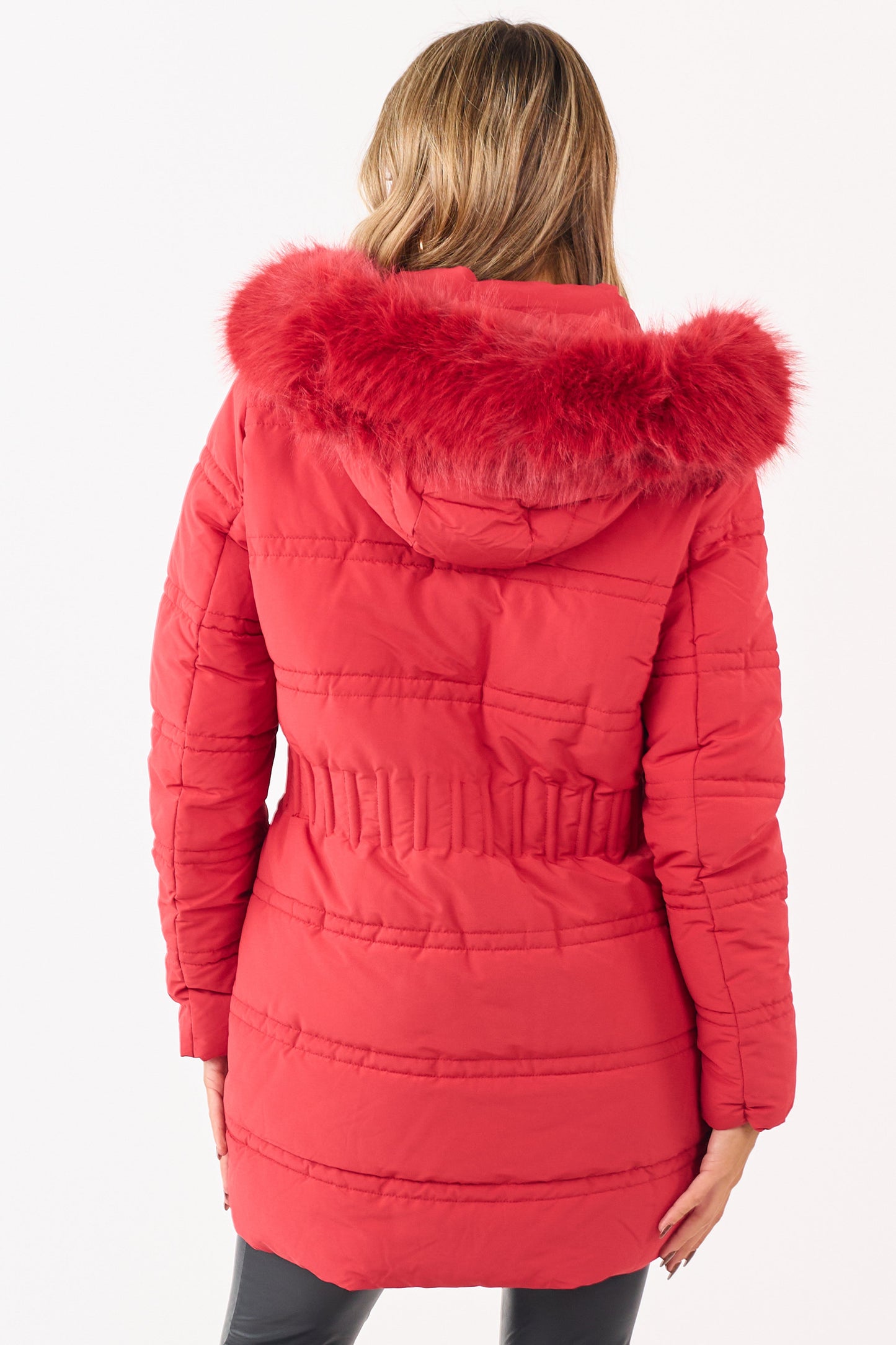 Cranberry Fur Lined Hood Zip Up Long Puffer Coat