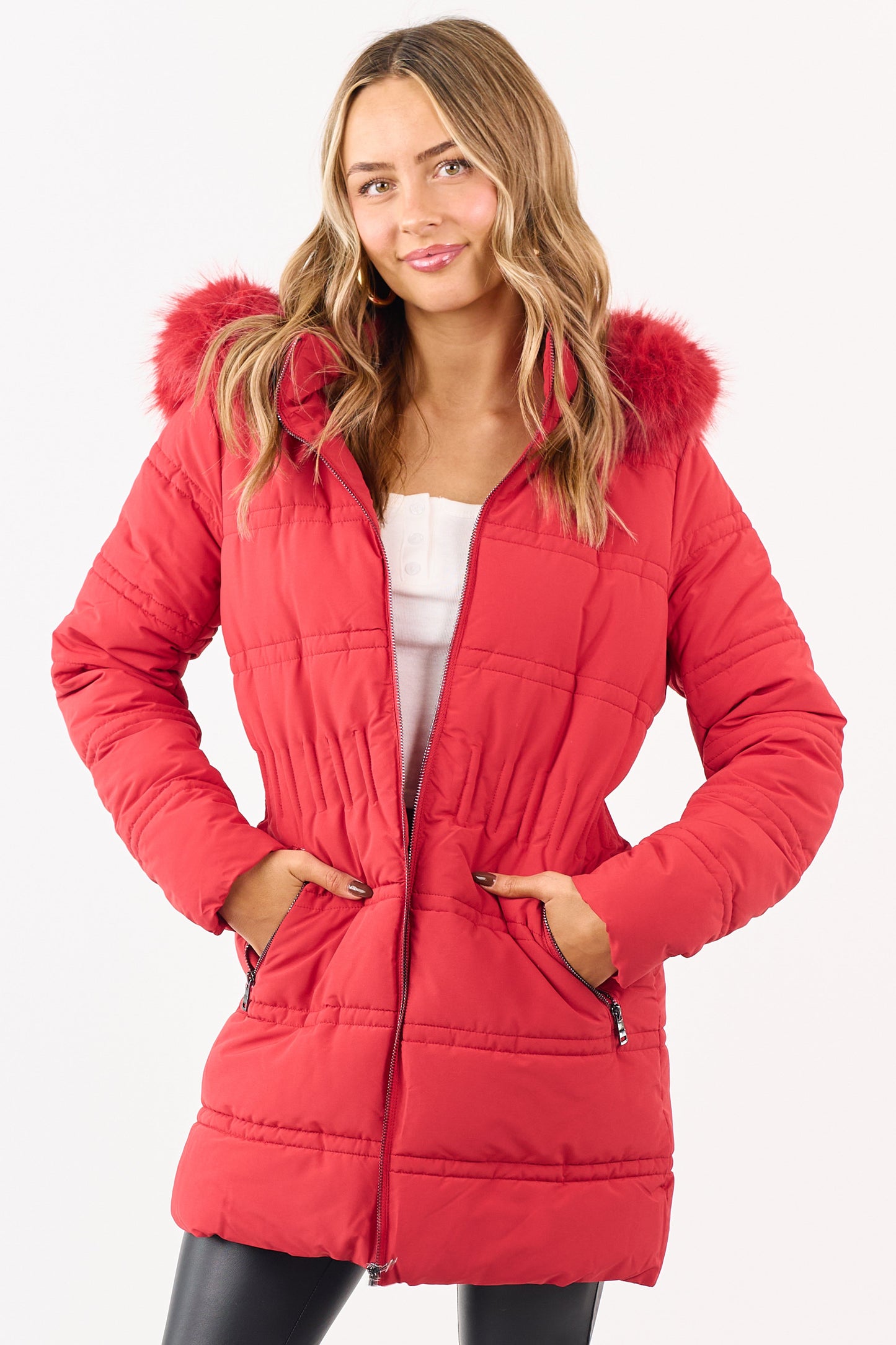 Cranberry Fur Lined Hood Zip Up Long Puffer Coat