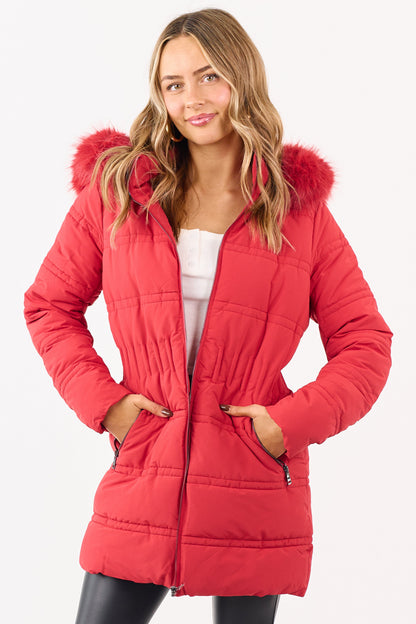 Cranberry Fur Lined Hood Zip Up Long Puffer Coat