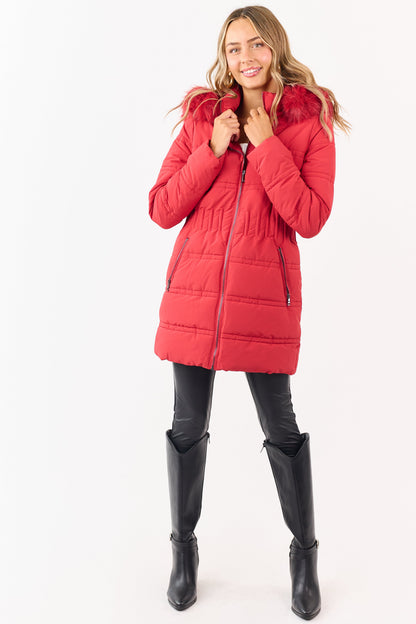 Cranberry Fur Lined Hood Zip Up Long Puffer Coat