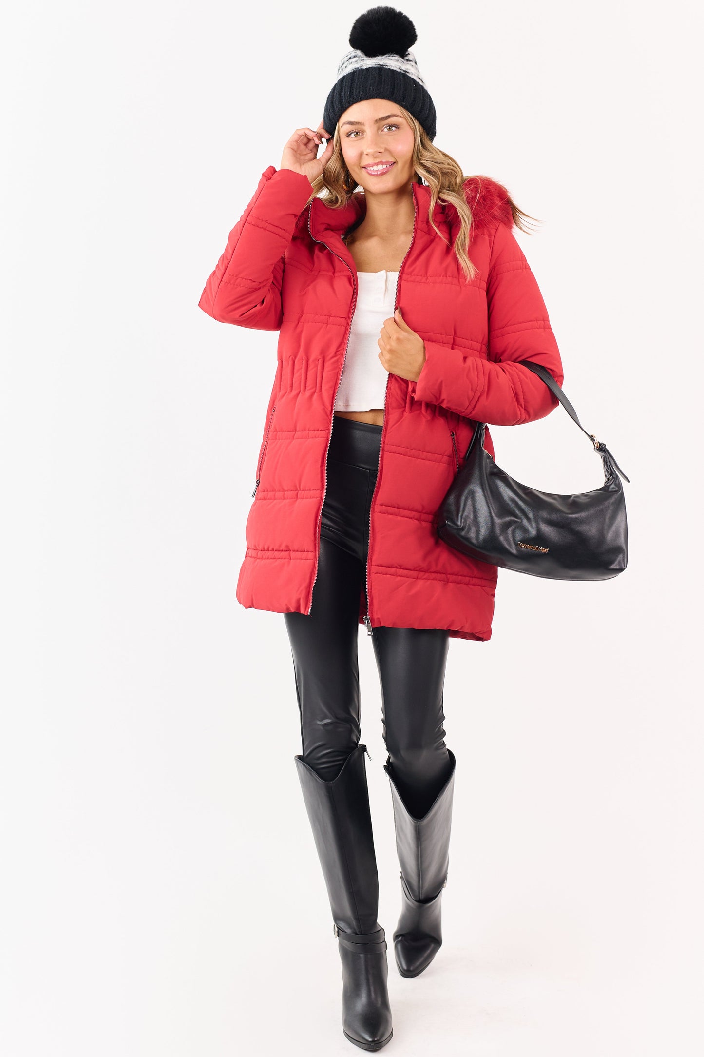 Cranberry Fur Lined Hood Zip Up Long Puffer Coat