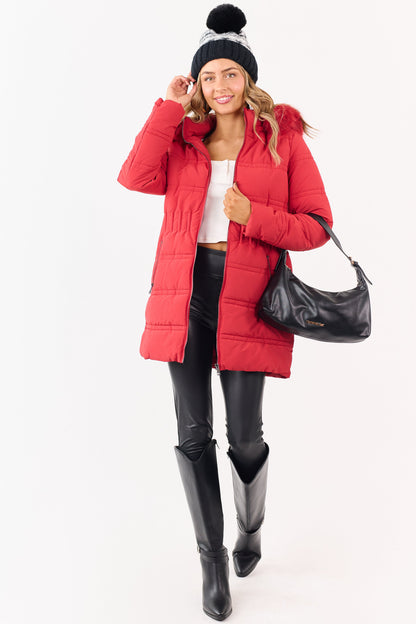 Cranberry Fur Lined Hood Zip Up Long Puffer Coat