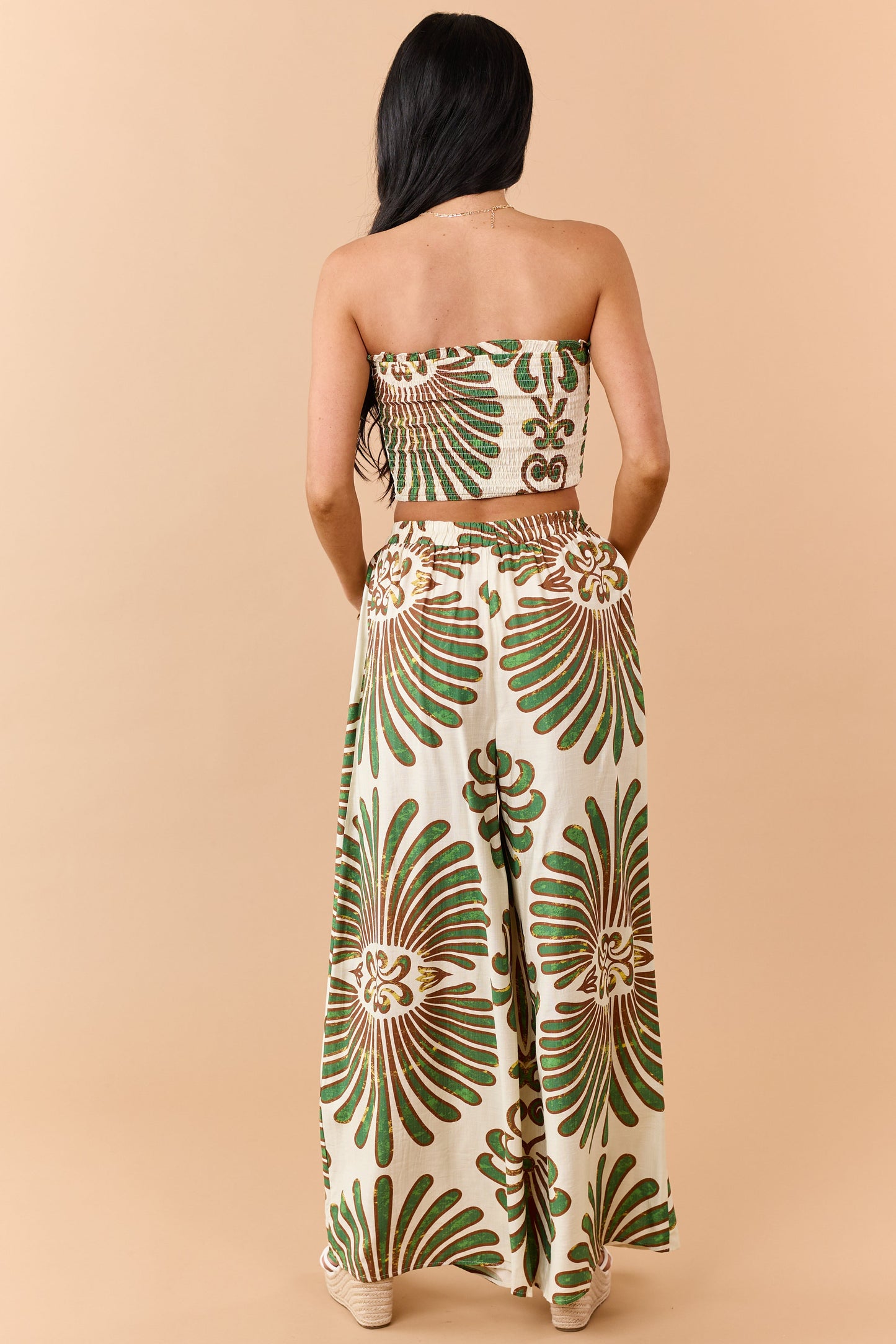Cream Abstract Print Strapless Top and Pants Set