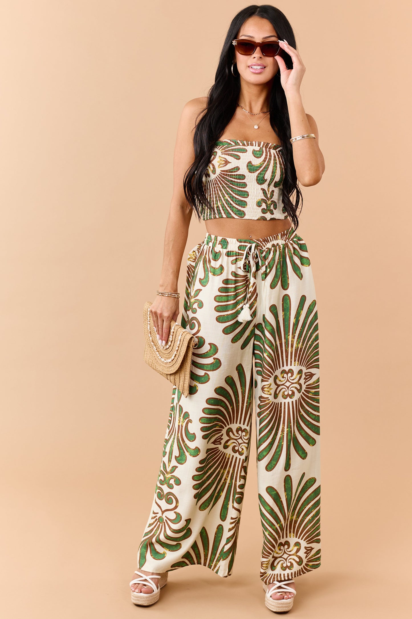 Cream Abstract Print Strapless Top and Pants Set