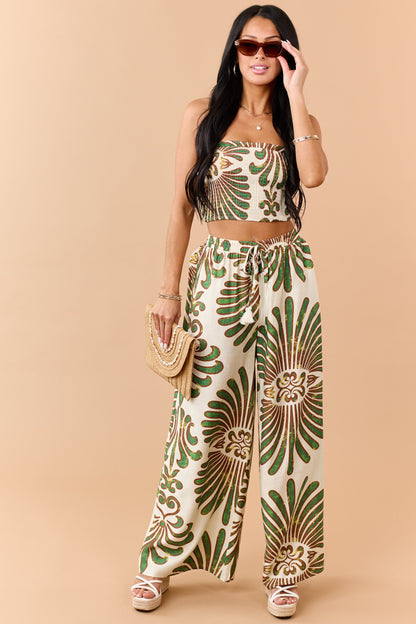Cream Abstract Print Strapless Top and Pants Set