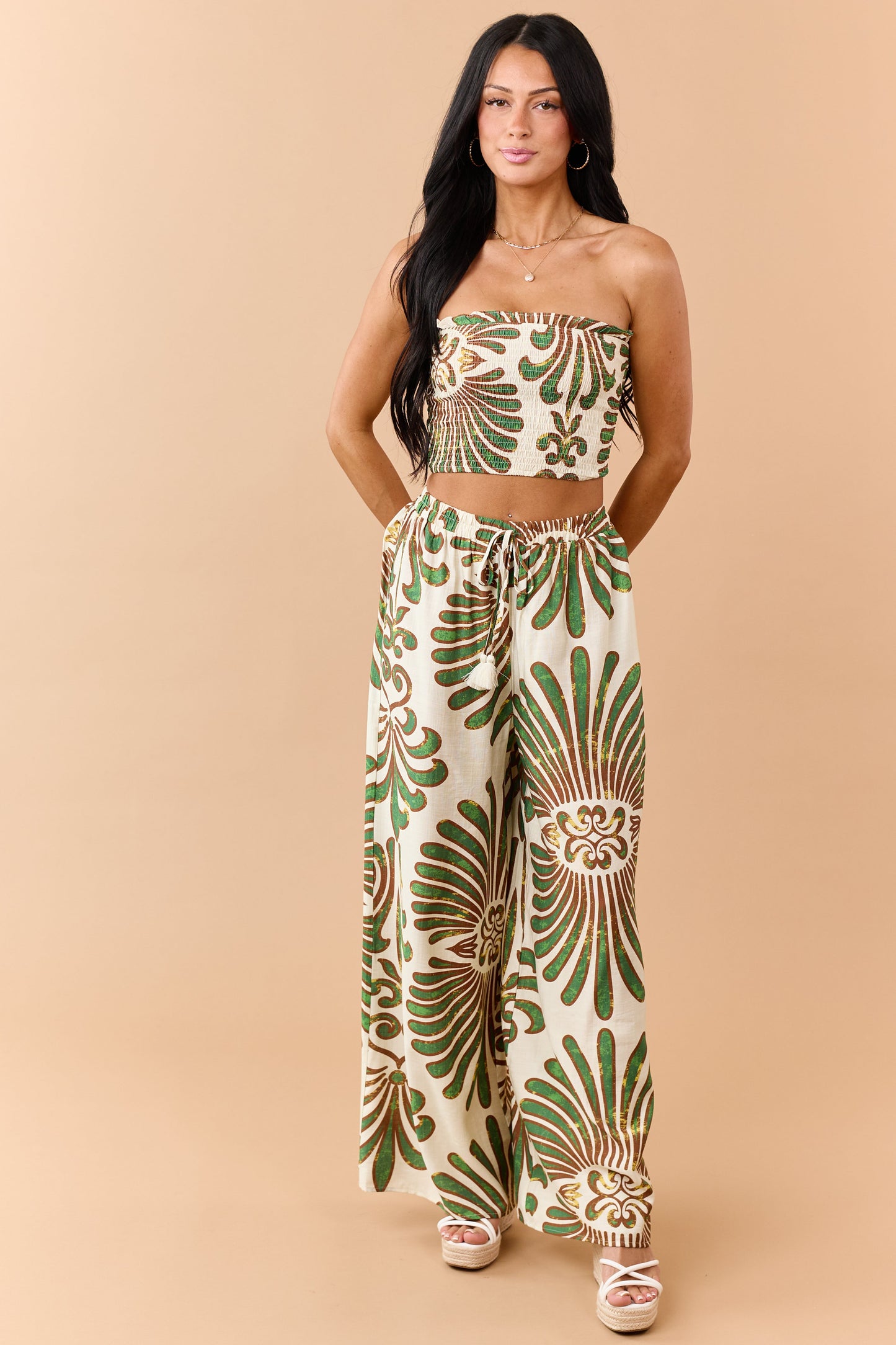 Cream Abstract Print Strapless Top and Pants Set