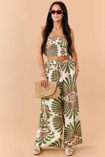 Cream Abstract Print Strapless Top and Pants Set