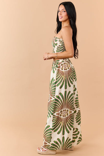 Cream Abstract Print Strapless Top and Pants Set