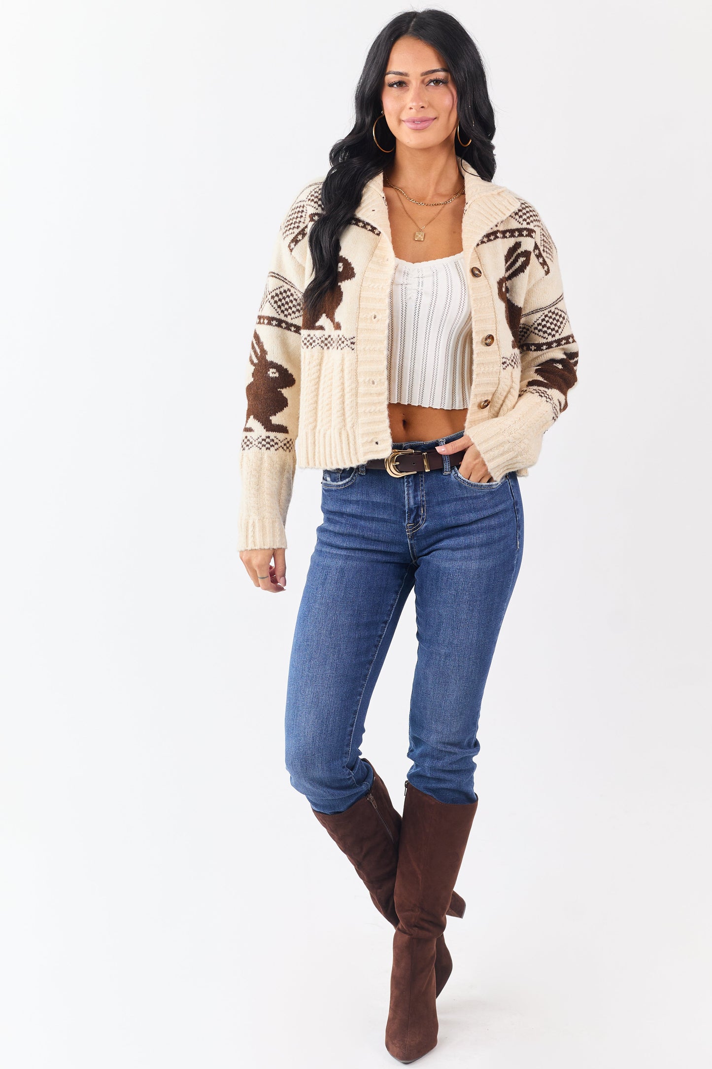 Cream Bunny Jacquard Pattern Button Down Cardigan
