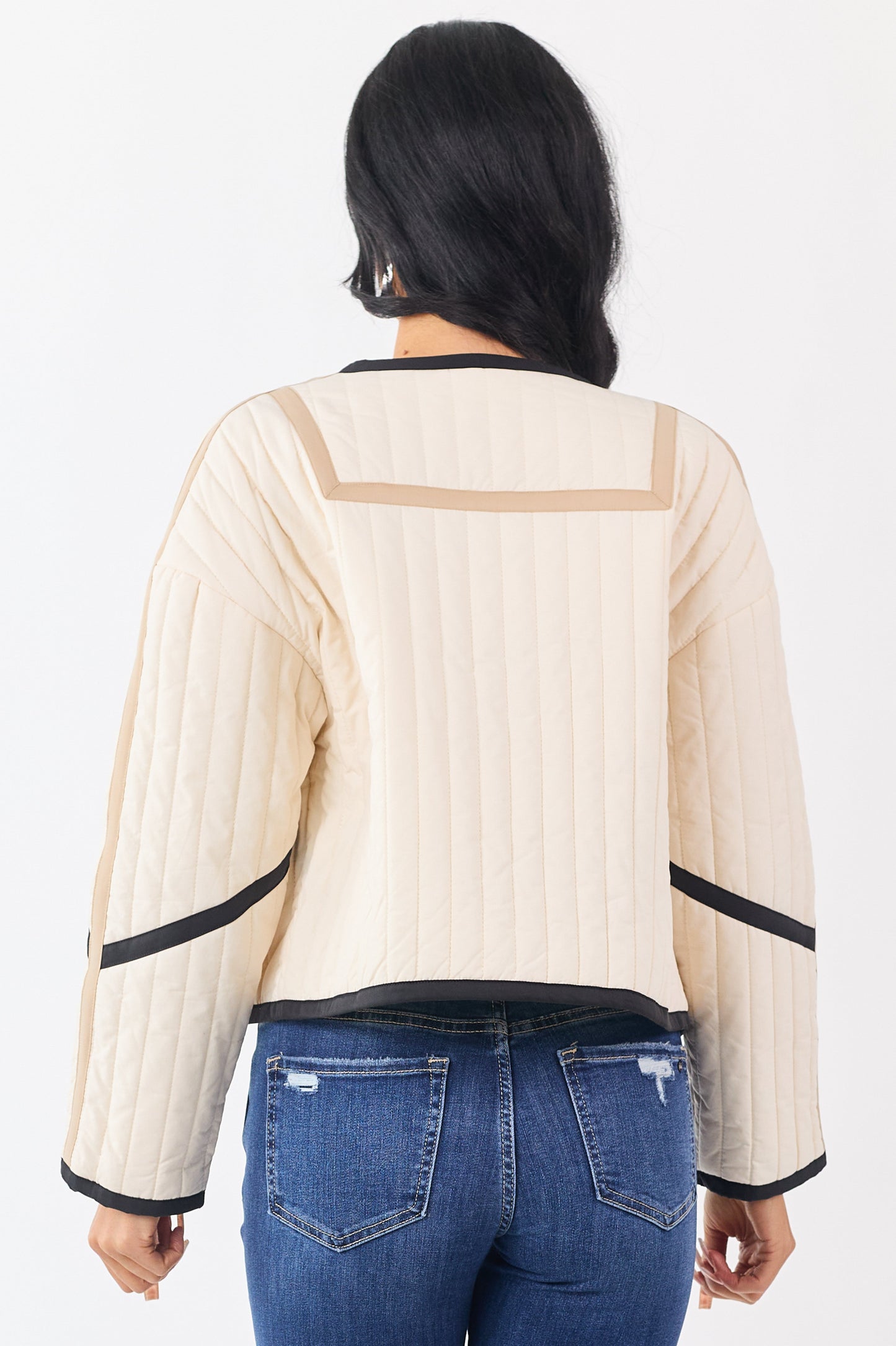 Cream Contrast Trim Quilted Zip Up Jacket