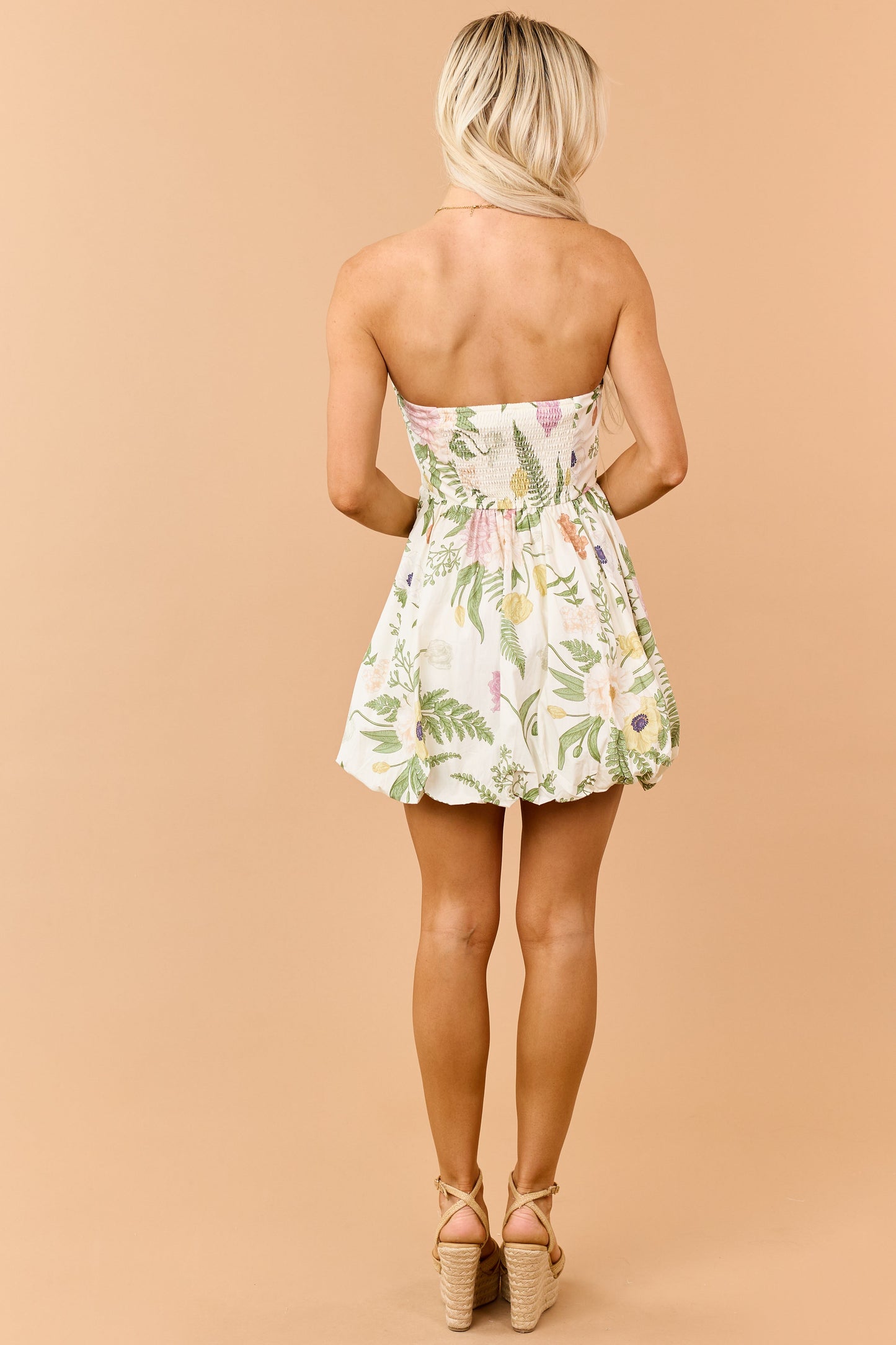 Cream Cotton Floral Strapless Bubble Hem Mini Dress