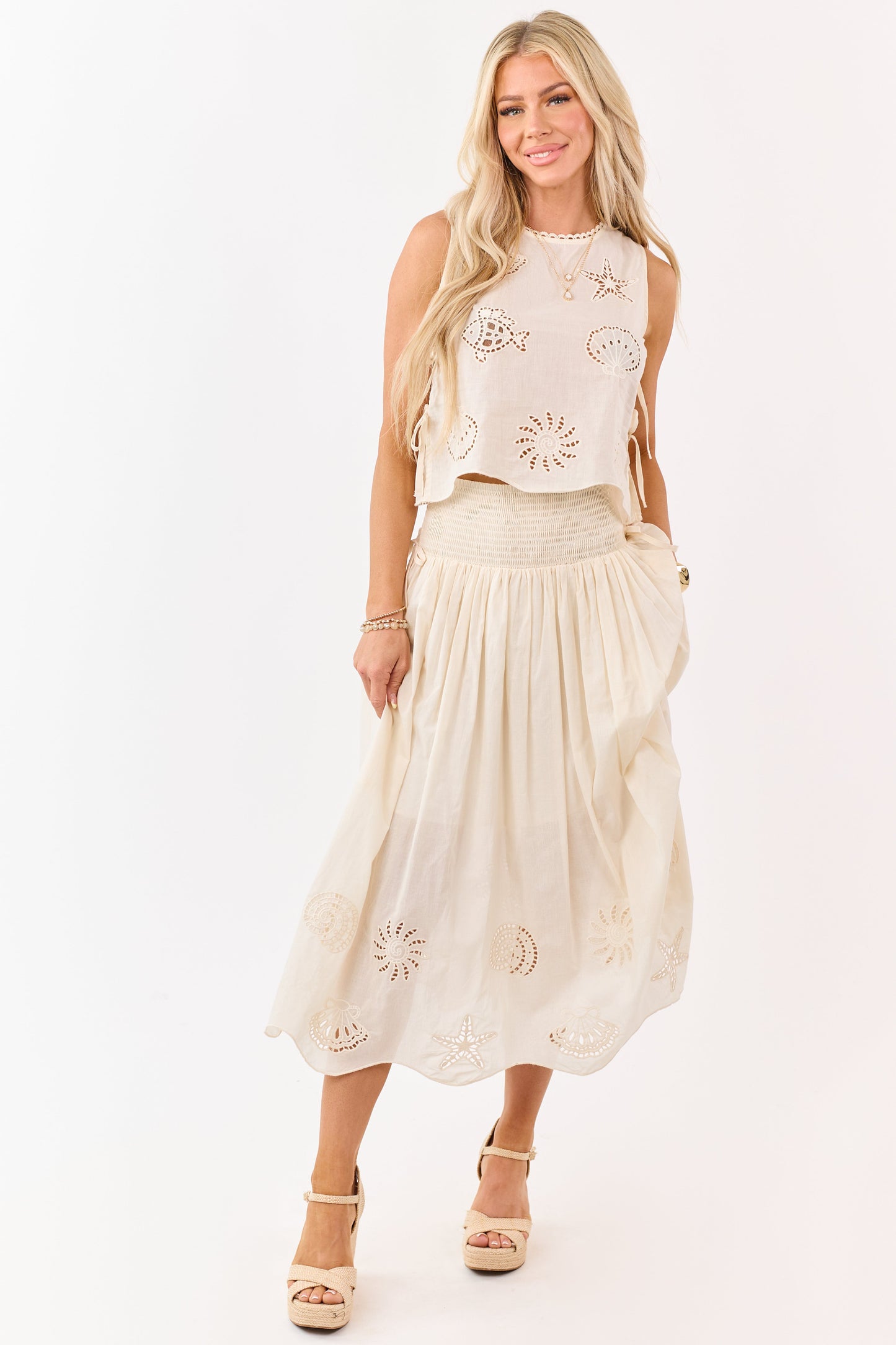 Cream Cotton Nautical Embroidered Tank Top