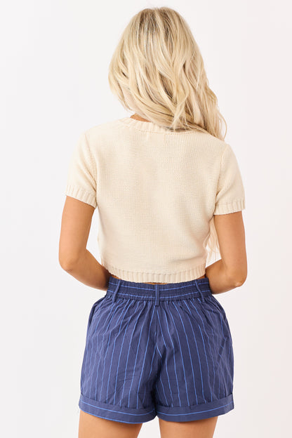 Cream Cropped Button Down Short Sleeve Cardigan