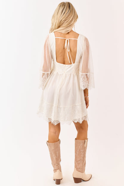Cream Dotted Lace Open Back Long Sleeve Mini Dress