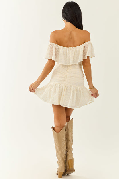 Cream Eyelet Lace Off Shoulder Ruffle Mini Dress