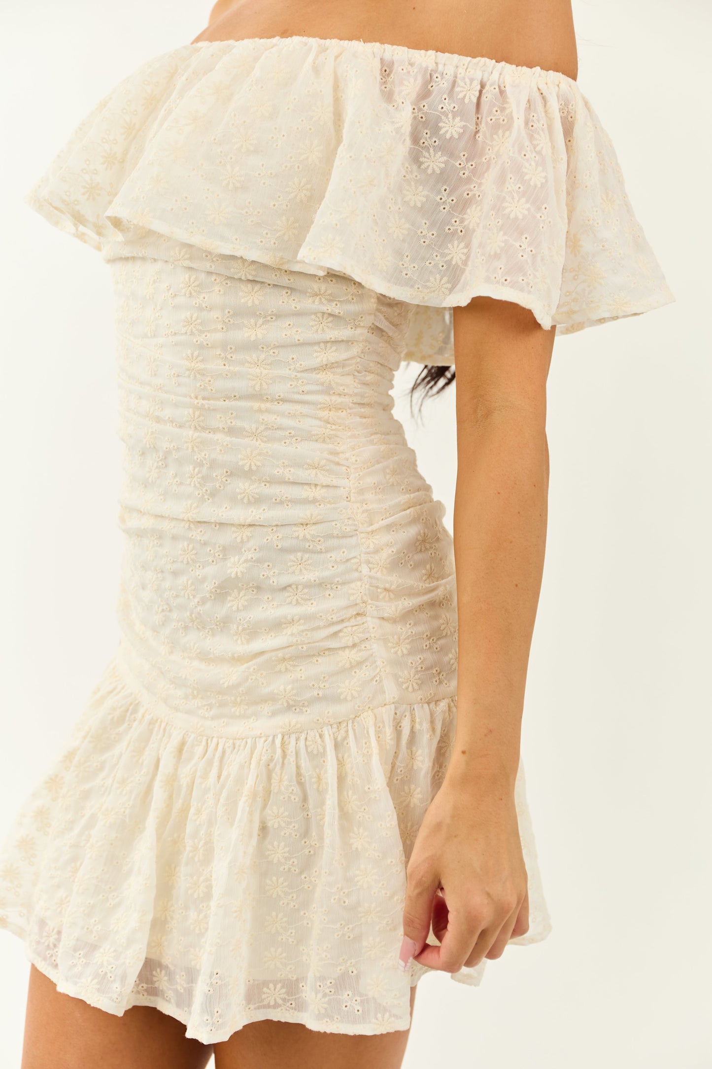 Cream Eyelet Lace Off Shoulder Ruffle Mini Dress