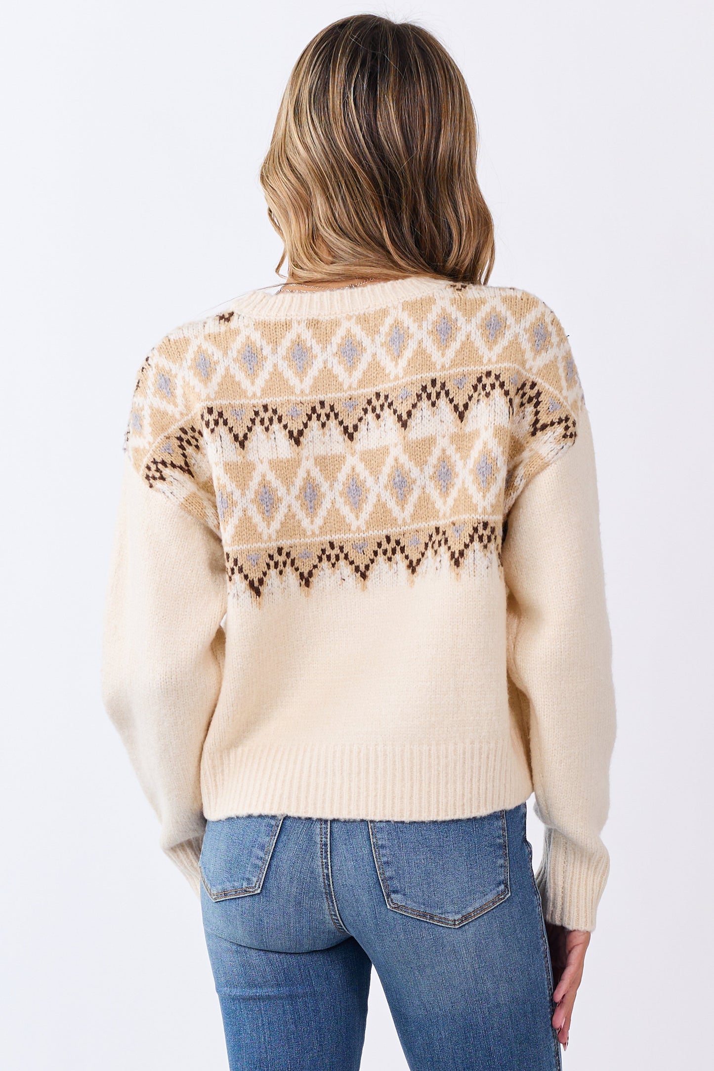 Cream Fair Isle Knit Crew Neck Long Sleeve Sweater