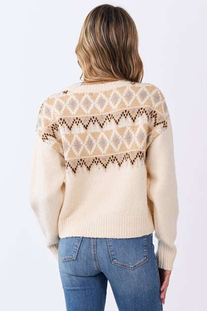 Cream Fair Isle Knit Crew Neck Long Sleeve Sweater