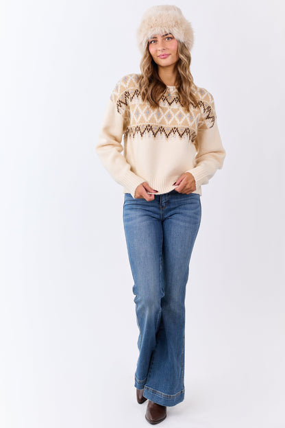 Cream Fair Isle Knit Crew Neck Long Sleeve Sweater