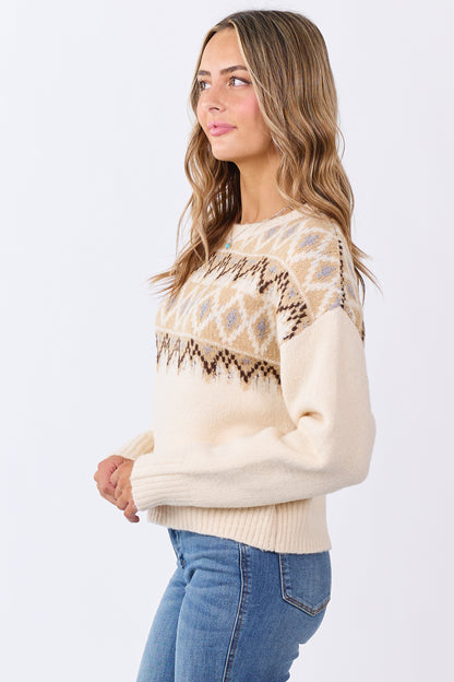 Cream Fair Isle Knit Crew Neck Long Sleeve Sweater