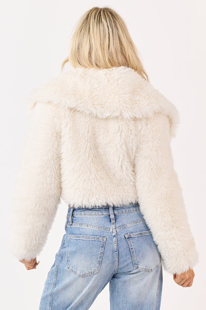 Cream Faux Fur Cropped Collared Button Down Jacket