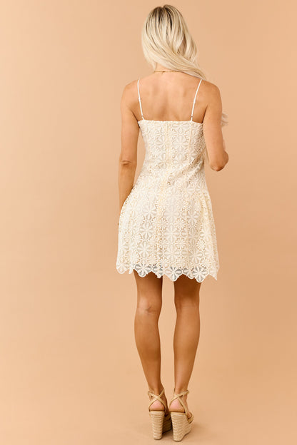 Cream Floral Lace Overlay Flare Waist Mini Dress