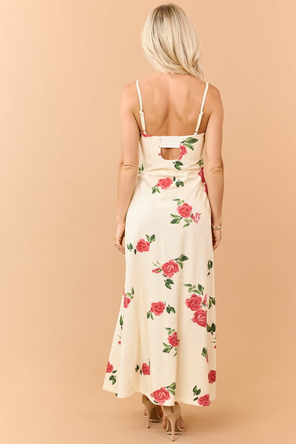 Cream Floral Print Pleated Knit Maxi Dress