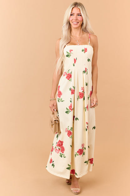 Cream Floral Print Pleated Knit Maxi Dress