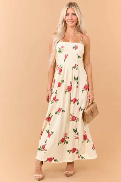 Cream Floral Print Pleated Knit Maxi Dress