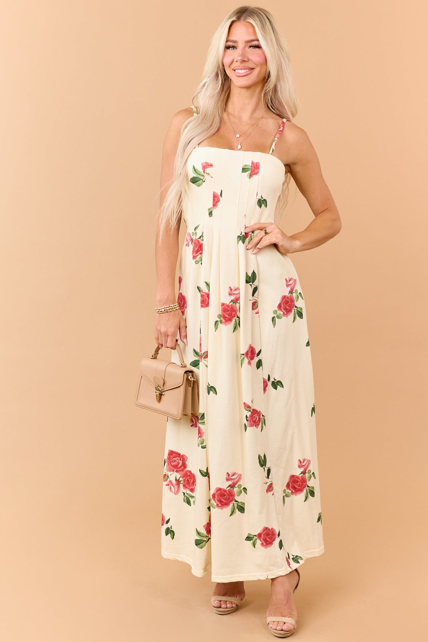 Cream Floral Print Pleated Knit Maxi Dress