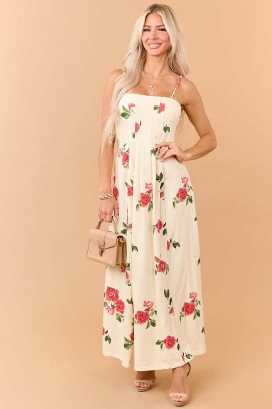 Cream Floral Print Pleated Knit Maxi Dress