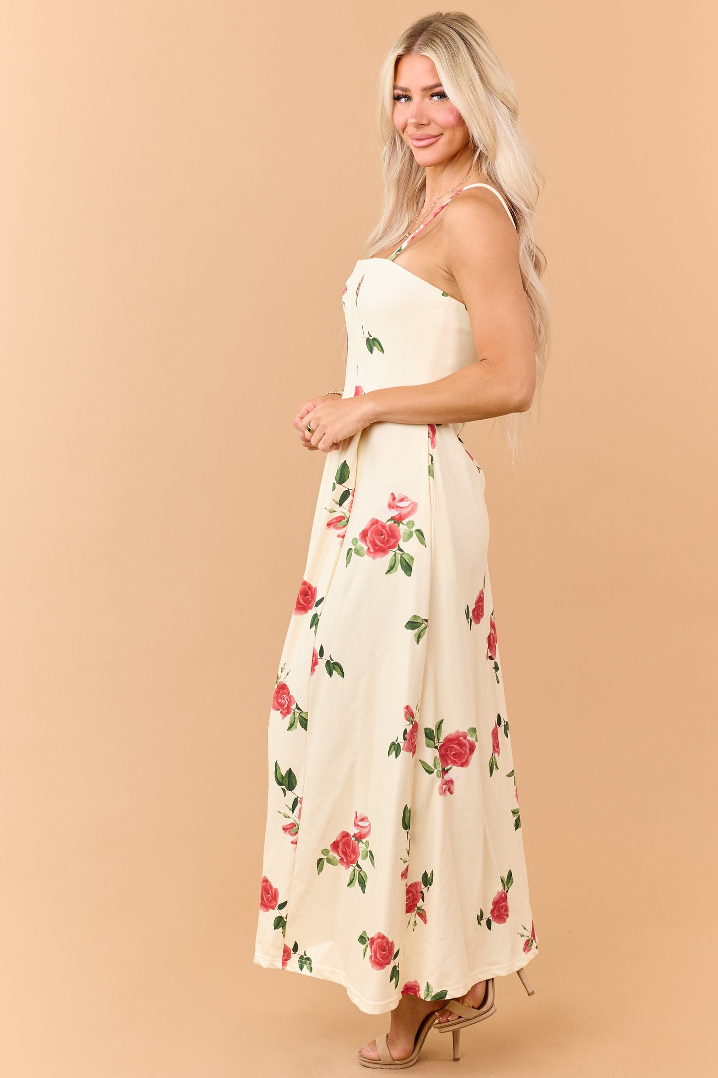 Cream Floral Print Pleated Knit Maxi Dress