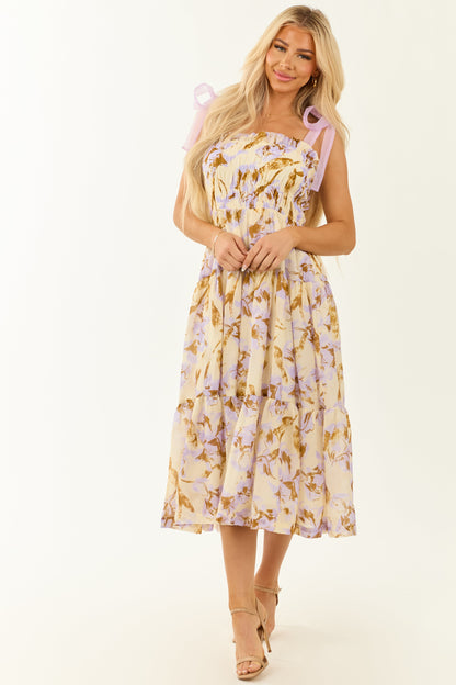 Cream Floral Print Smocked Sleeveless Midi Dress