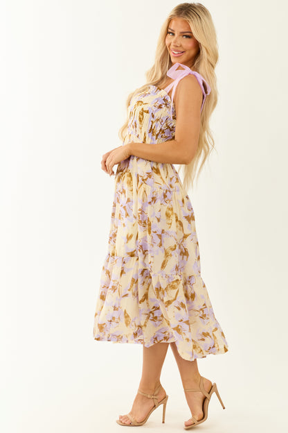 Cream Floral Print Smocked Sleeveless Midi Dress