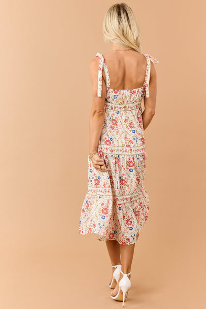 Cream Floral Print Tie Strap Tiered Midi Dress