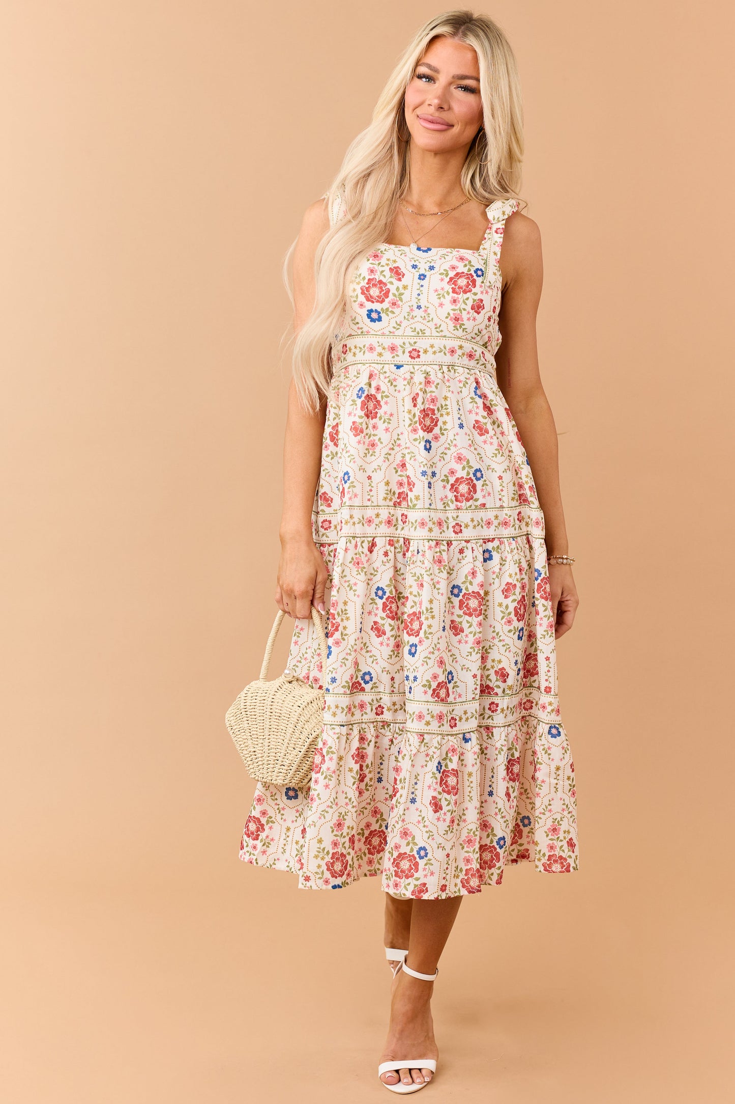 Cream Floral Print Tie Strap Tiered Midi Dress