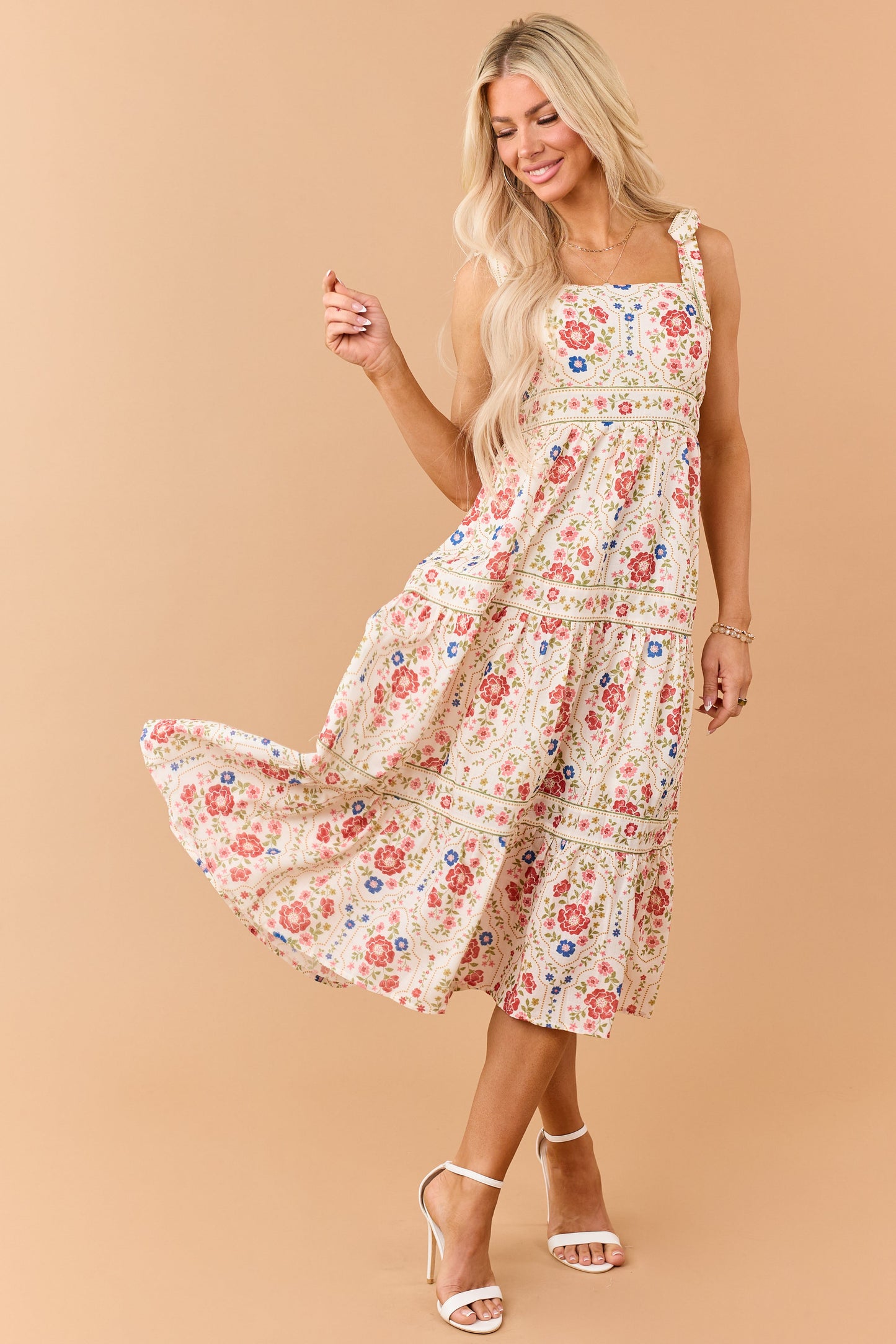 Cream Floral Print Tie Strap Tiered Midi Dress