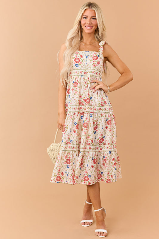 Cream Floral Print Tie Strap Tiered Midi Dress