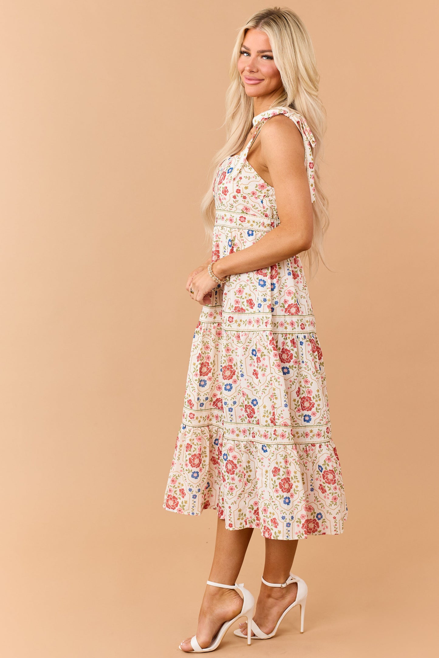 Cream Floral Print Tie Strap Tiered Midi Dress