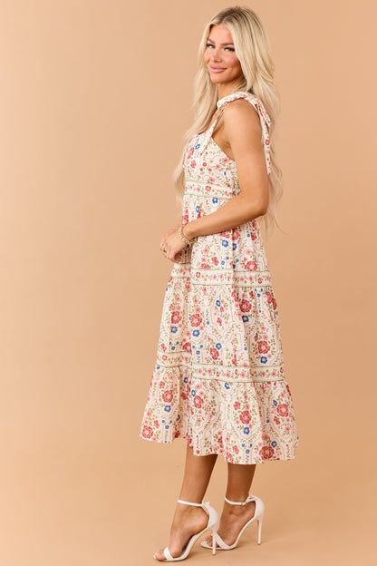 Cream Floral Print Tie Strap Tiered Midi Dress