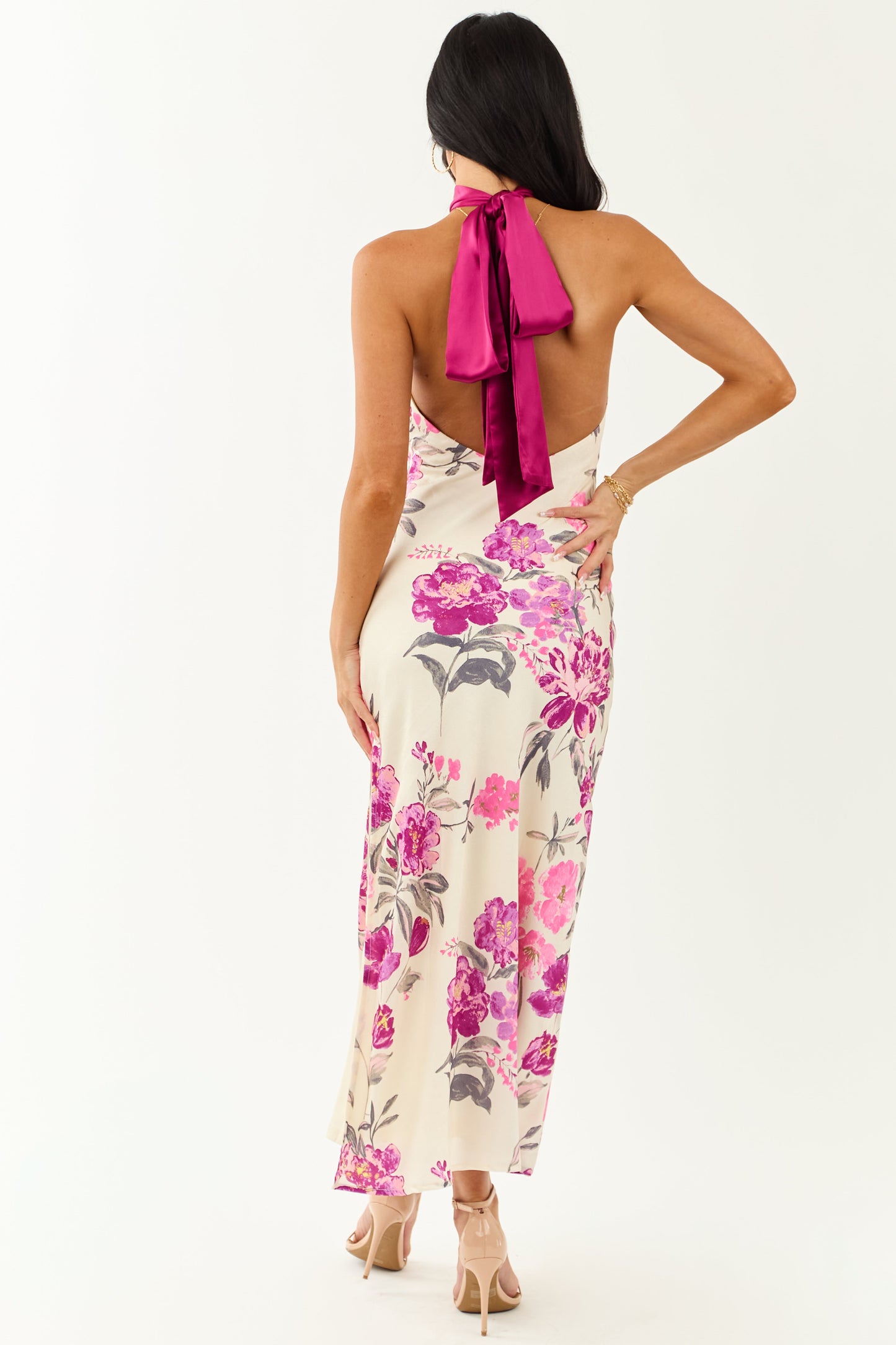 Cream Floral Satin Halter Neck Side Slit Maxi Dress