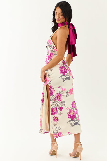 Cream Floral Satin Halter Neck Side Slit Maxi Dress