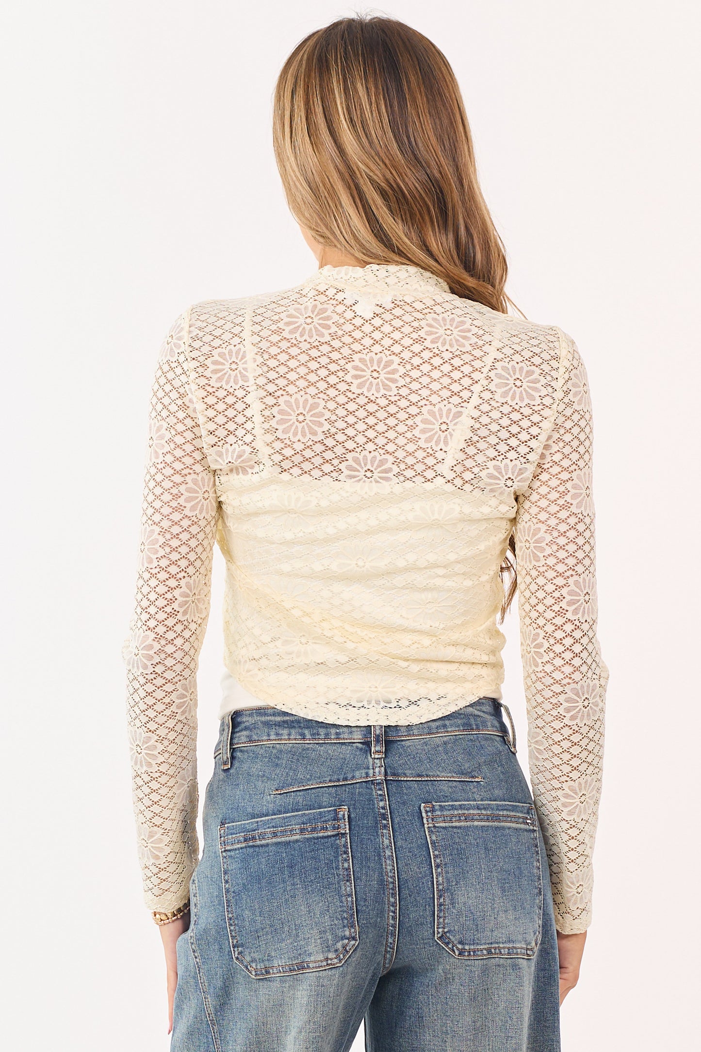 Cream Floral Sheer Lace Mock Neck Long Sleeve Top